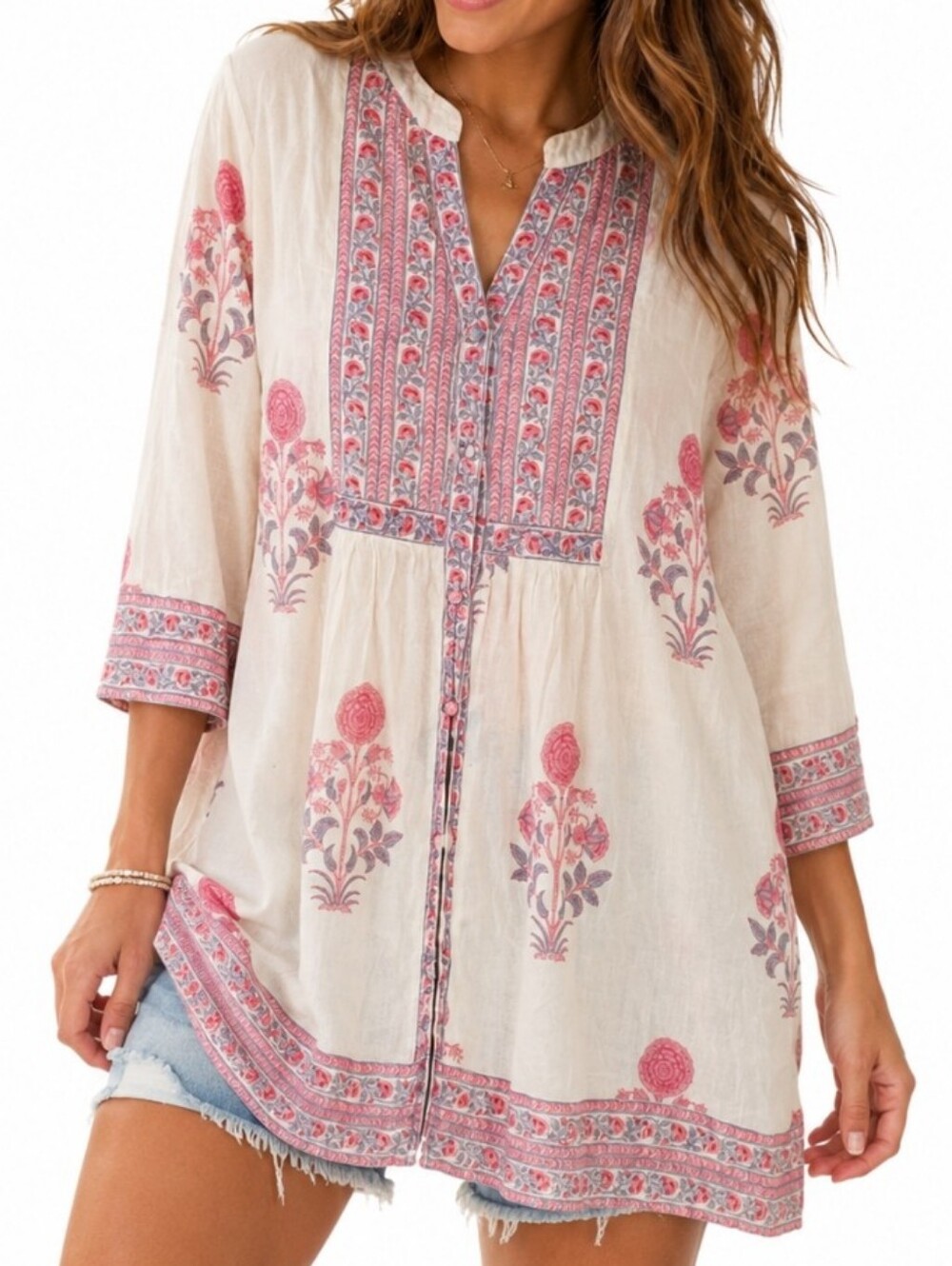 Efharis Mykonos Tunic Women Large Cream Pink Floral Top Mediterranean